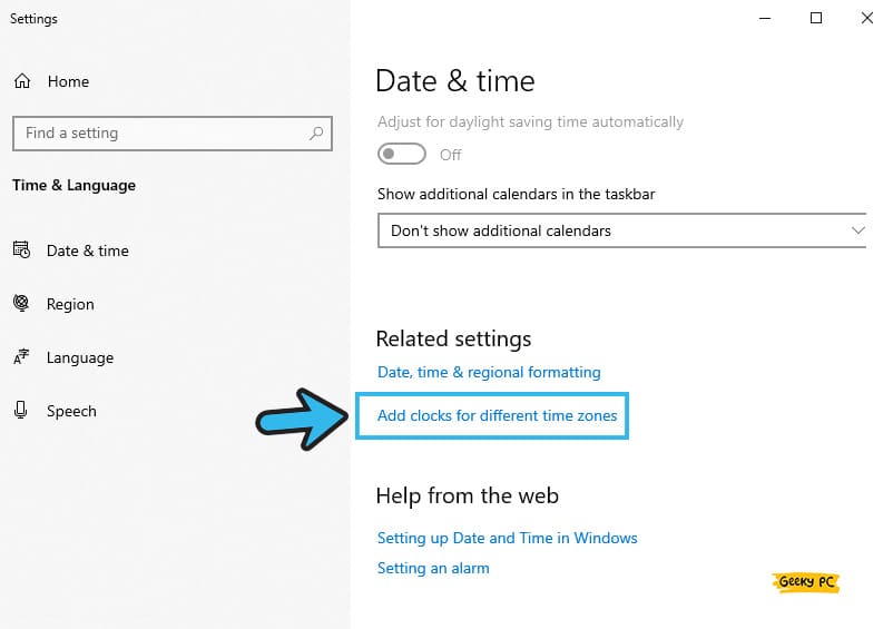 Add clocks for different time zones in windows 10