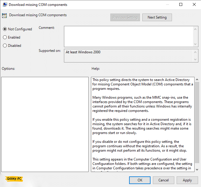 select not configured in Download missing COM components