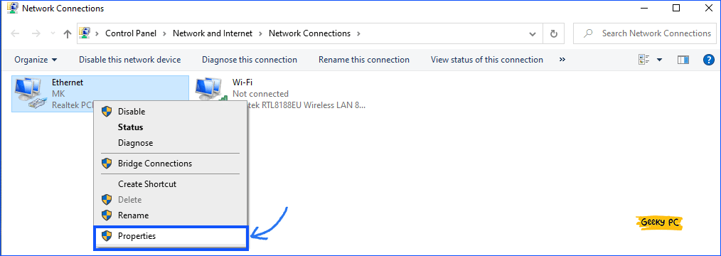 Network connection properties