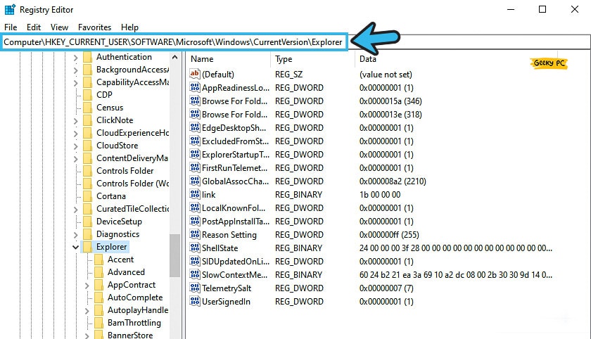 Computer HKEY_CURRENT_USER Software Microsoft Windows Current Version Explorer