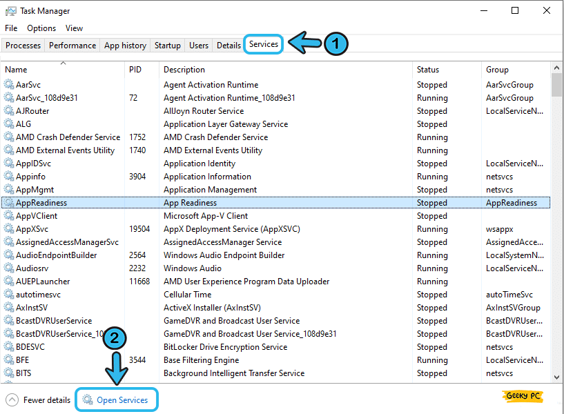 Open Services using task manager