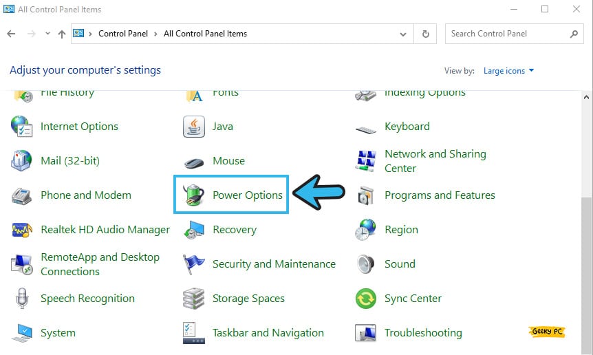 Power Options in control panel