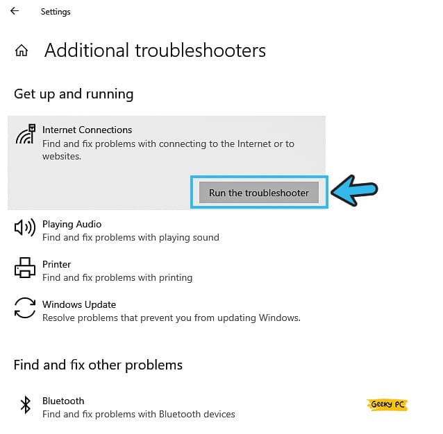 Run the troubleshooter on Internet Connections