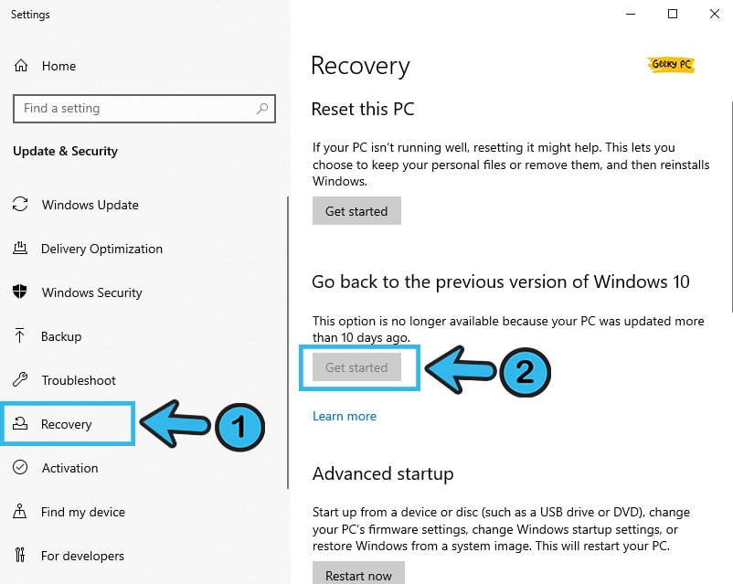 Select Go back to the previous version of Windows 10