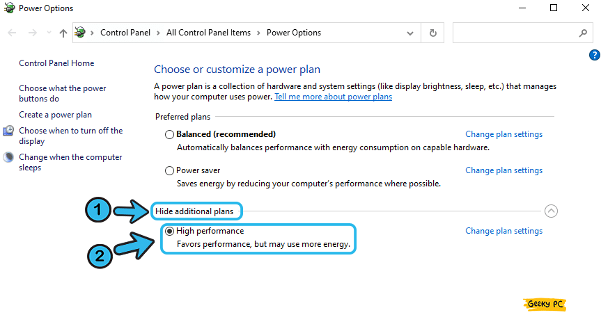 Set High-performance plan under power options in windows