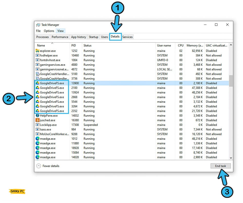 Task Manager Details Google drive end task