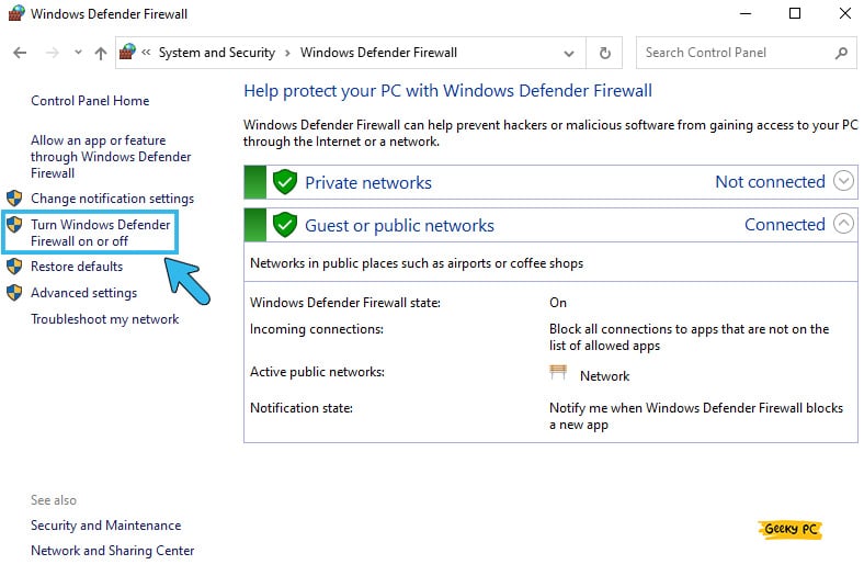 Turn Windows Defender Firewall on or off