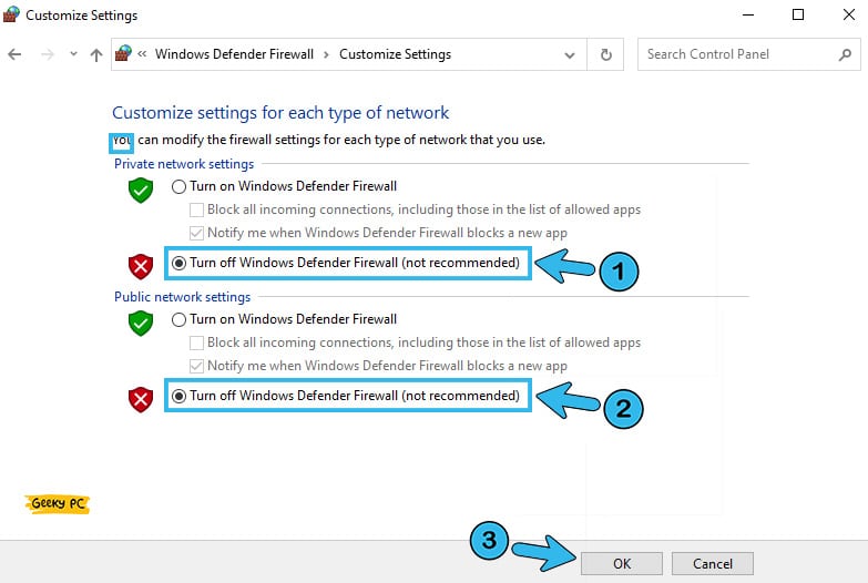 Turn off Windows Firewall (not recommended)