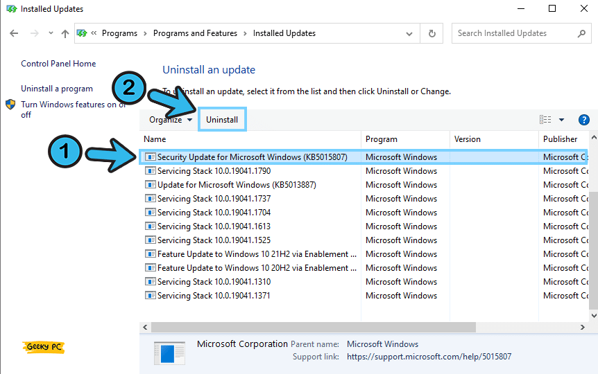 Uninstall Windows Update