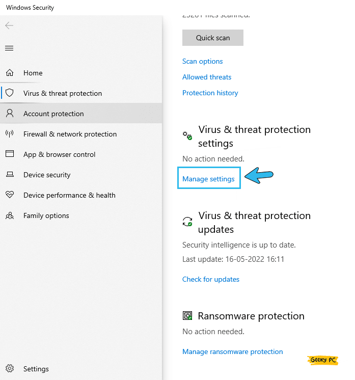 Virus & threat protection settings