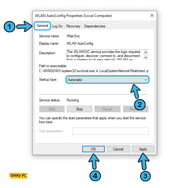 WLAN AutoConfig startup type automatic