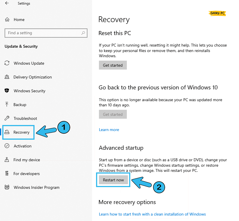 Windows Recovery Settings