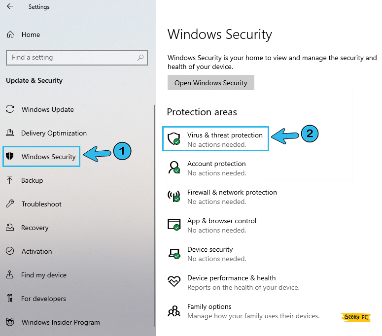 Windows Security Under Virus & threat protection