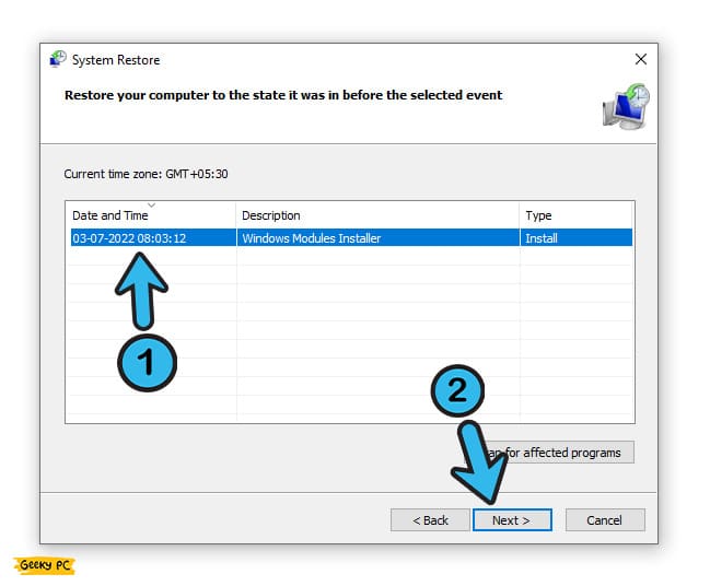 Windows System Restore next process