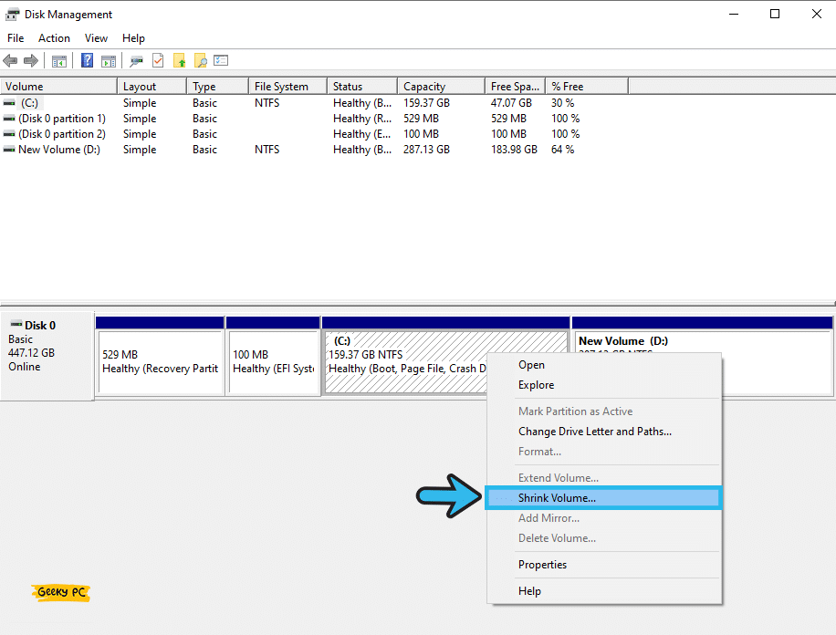 click windows disk management Shrink Volume