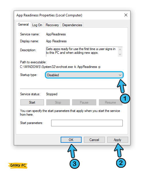 select startup type disabled under AppReadiness